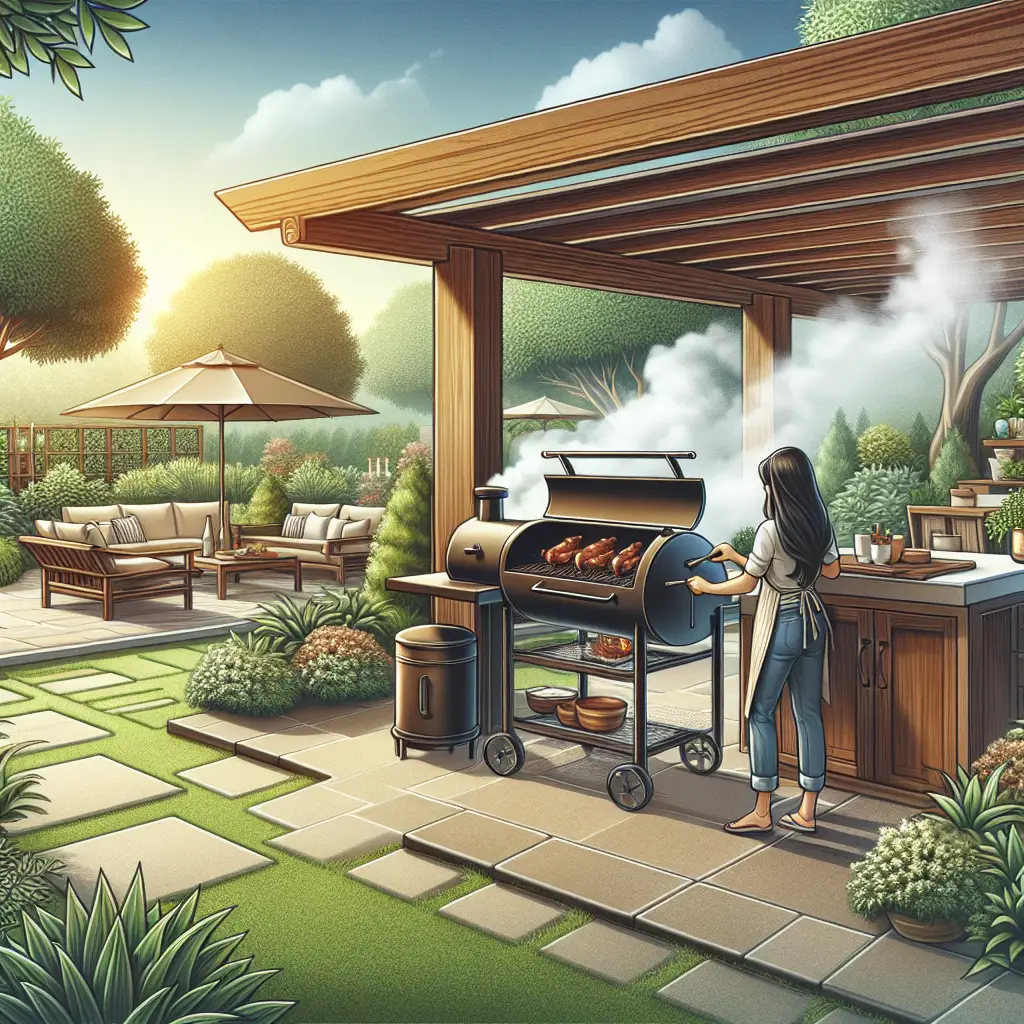A creative and imaginative artistic rendering depicting Can you put a smoker in an outdoor kitchen?