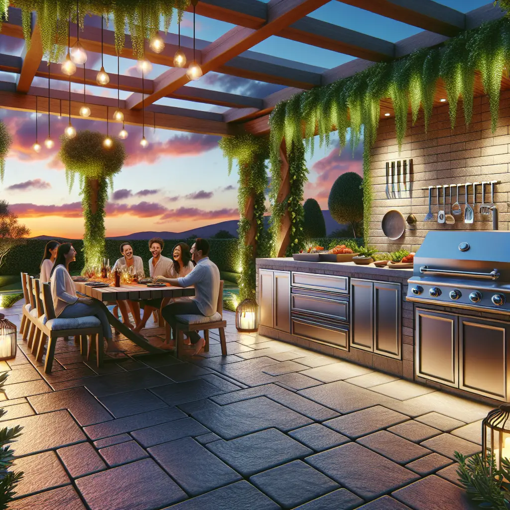 A creative and imaginative artistic rendering depicting Can you build an outdoor kitchen on top of pavers?
