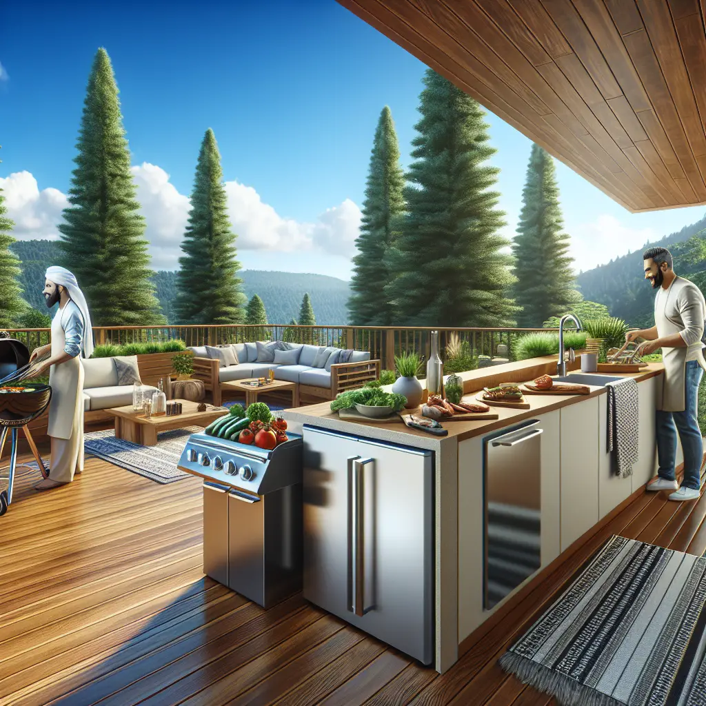 A creative and imaginative artistic rendering depicting Can you build an outdoor kitchen on a deck?