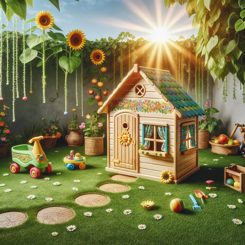 A creative and imaginative artistic rendering depicting Can you put a playhouse on grass?