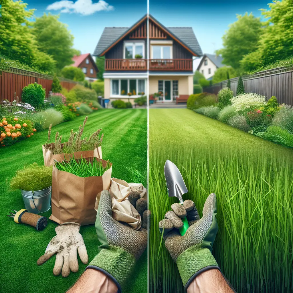 A creative and imaginative artistic rendering depicting How to Control Grassy Weeds in Your Lawn