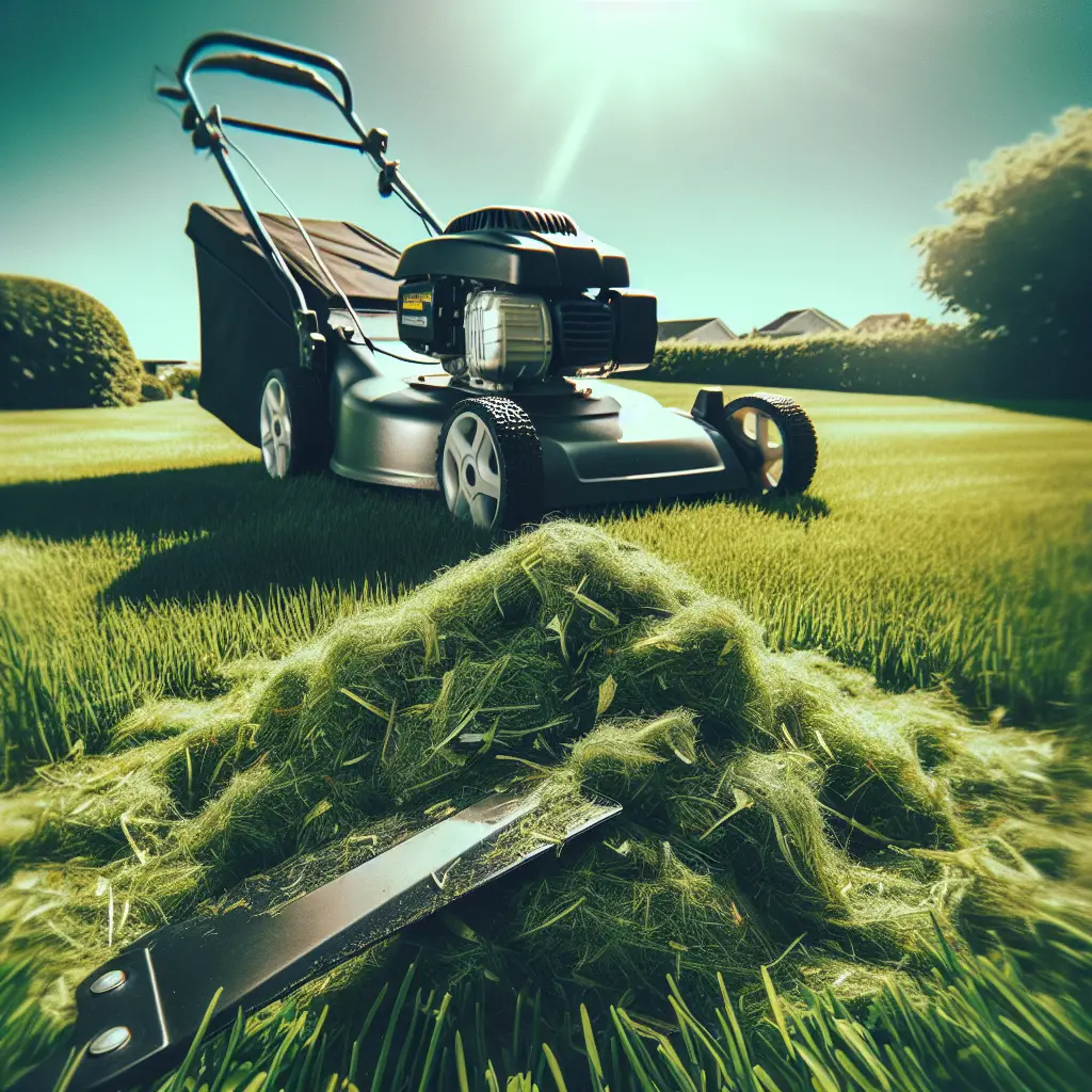 A creative and imaginative artistic rendering depicting Should You Collect Grass Clippings After Mowing?