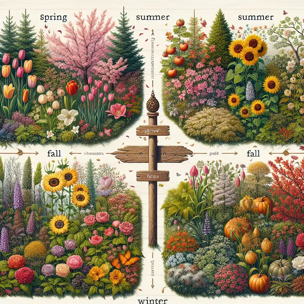 A creative and imaginative artistic rendering depicting The Ideal Planting Seasons for Your Garden