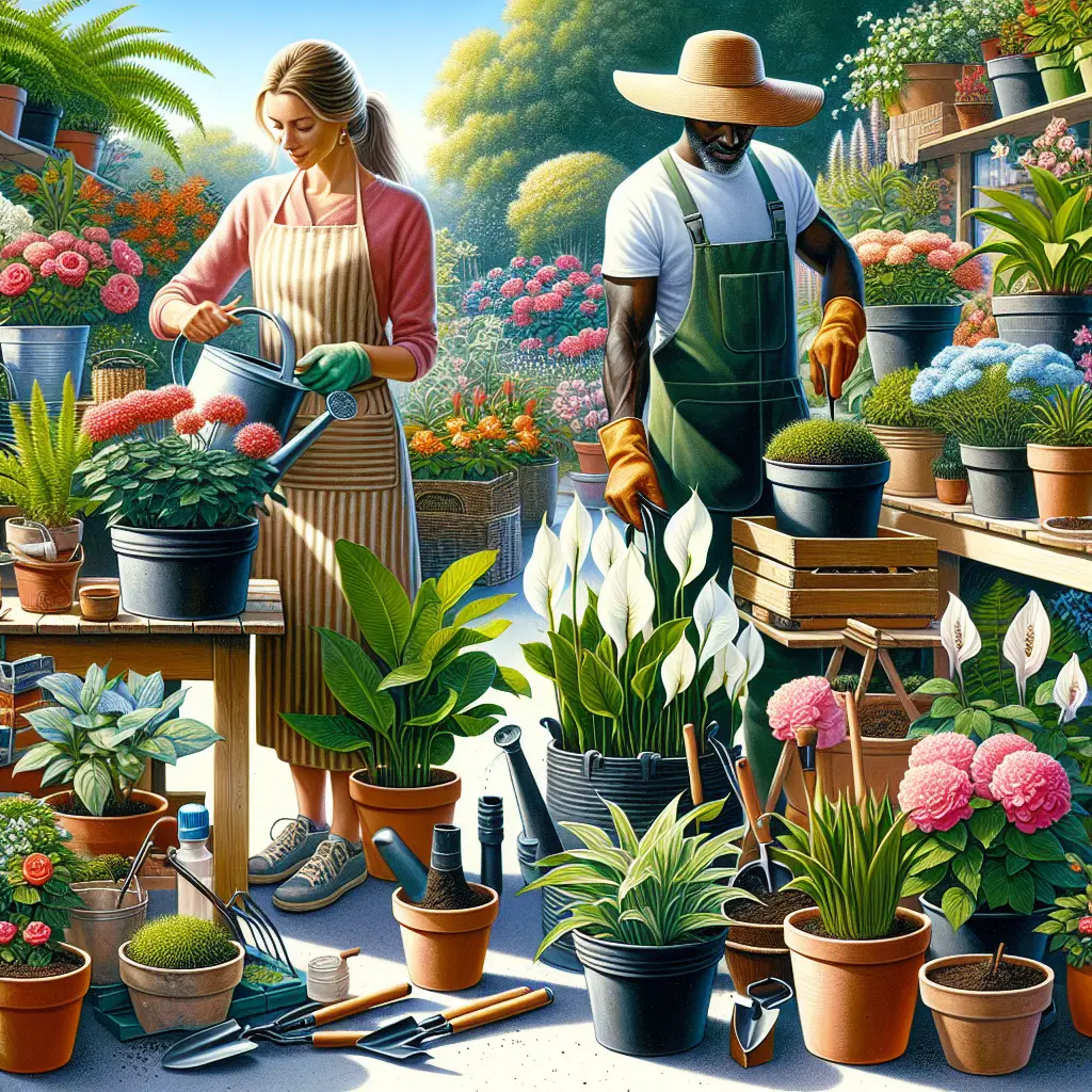 A creative and imaginative artistic rendering depicting Essential Tips for Caring for Potted Plants
