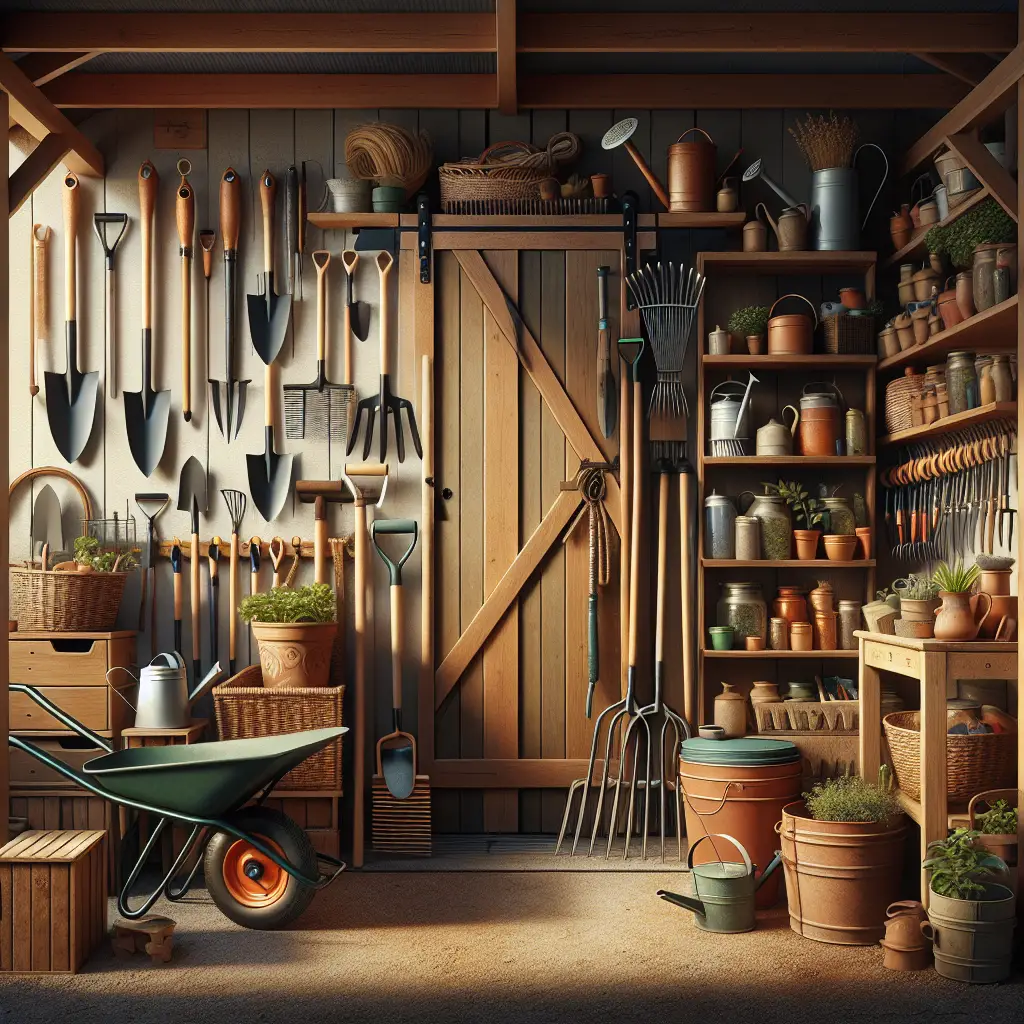 A creative and imaginative artistic rendering depicting Effective Storage Solutions for Garden Tools