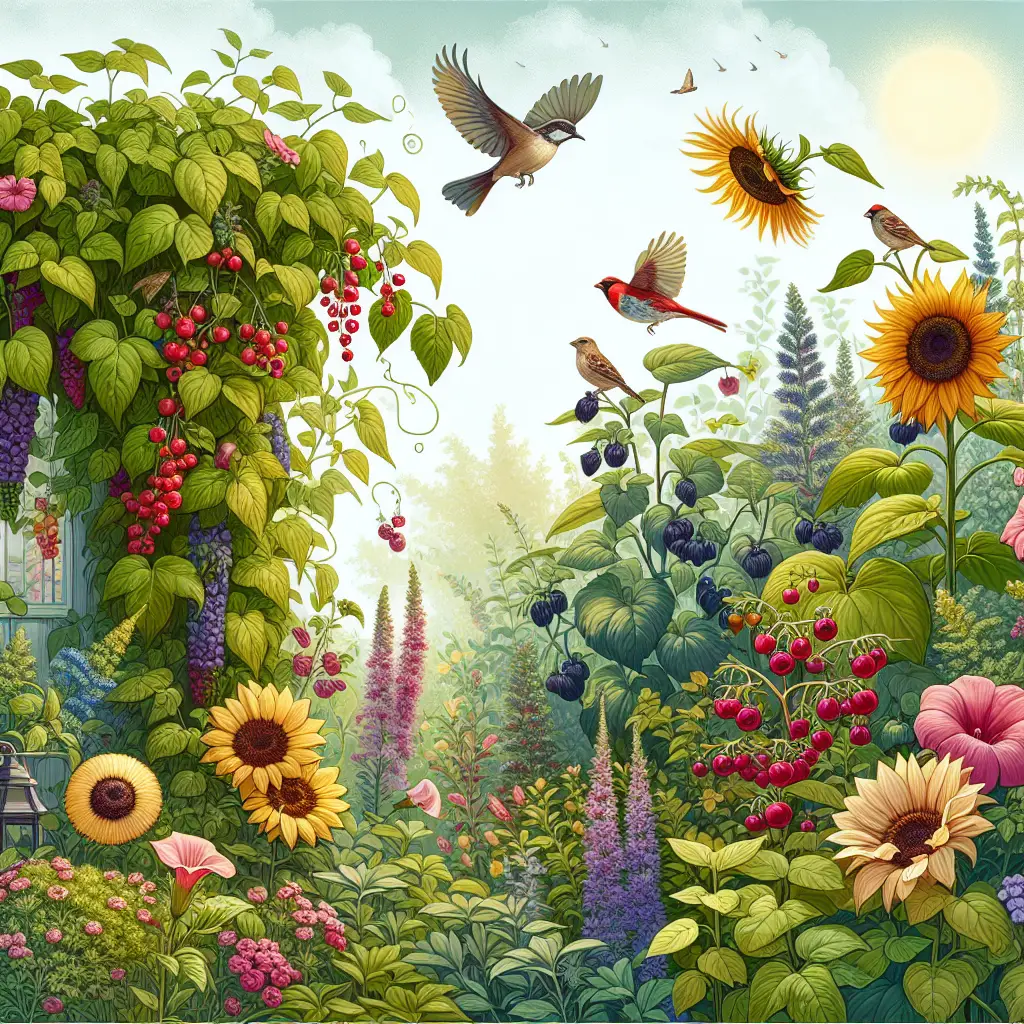 A creative and imaginative artistic rendering depicting Best Plants for Attracting Birds to Your Garden