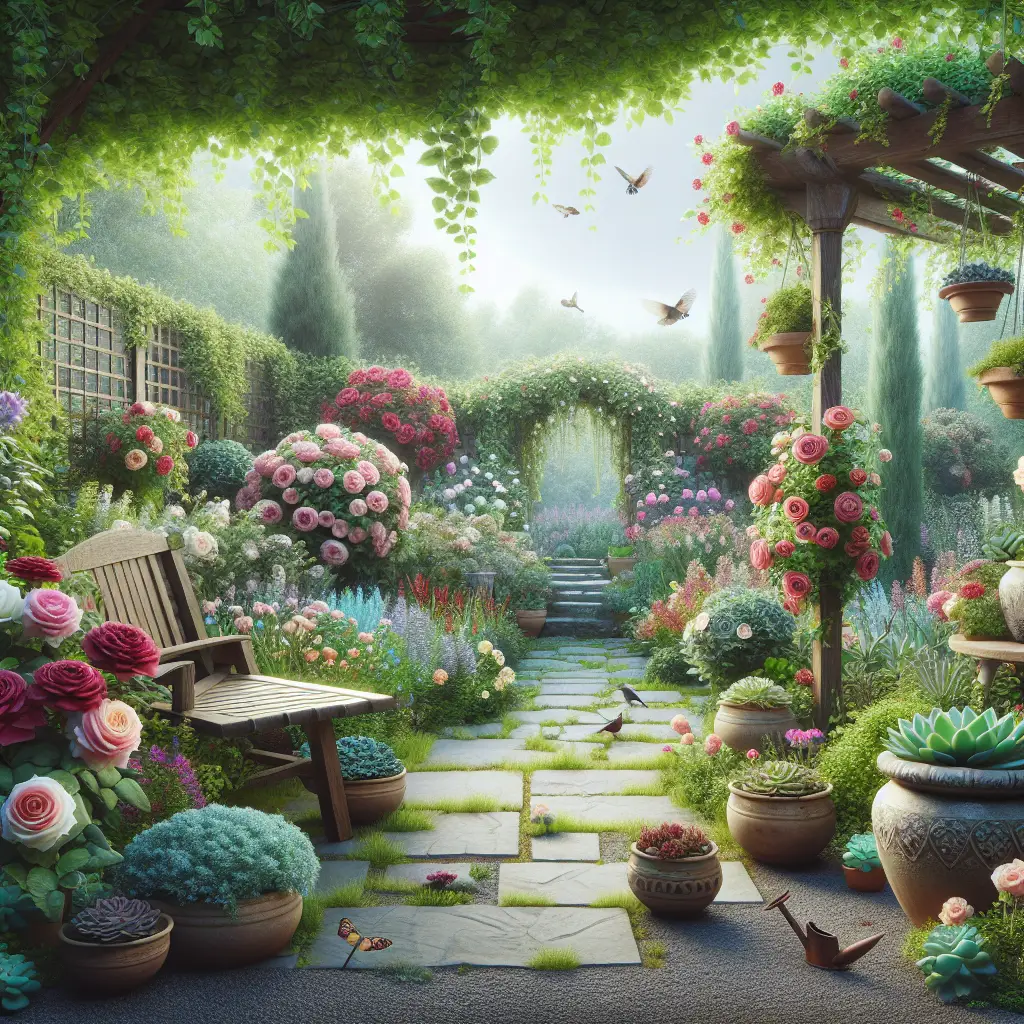A creative and imaginative artistic rendering depicting Creative Ideas to Enhance the Beauty of Your Garden