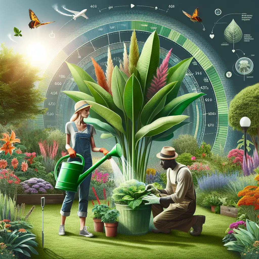 A creative and imaginative artistic rendering depicting Watering Tips for Large Plants in Your Garden