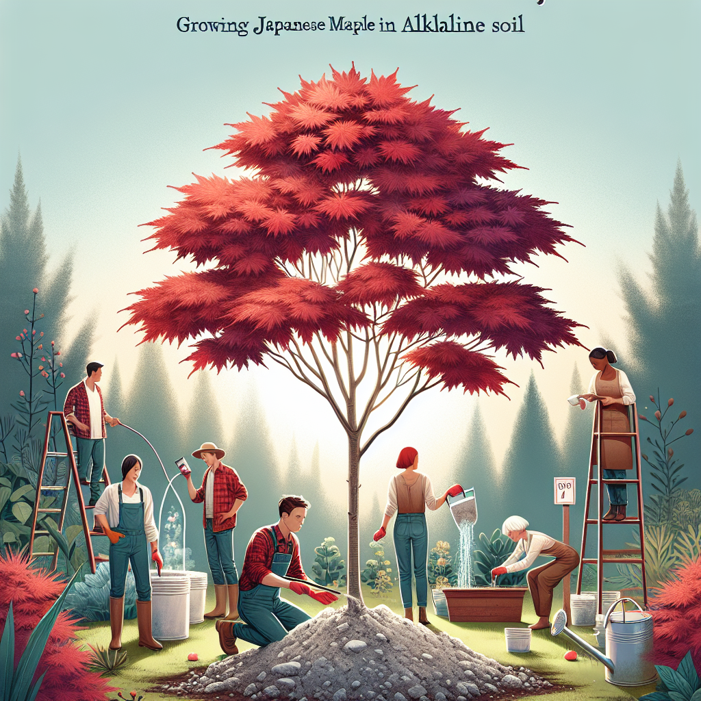 A creative and imaginative artistic rendering depicting Tips for Growing Japanese Maple in Alkaline Soil