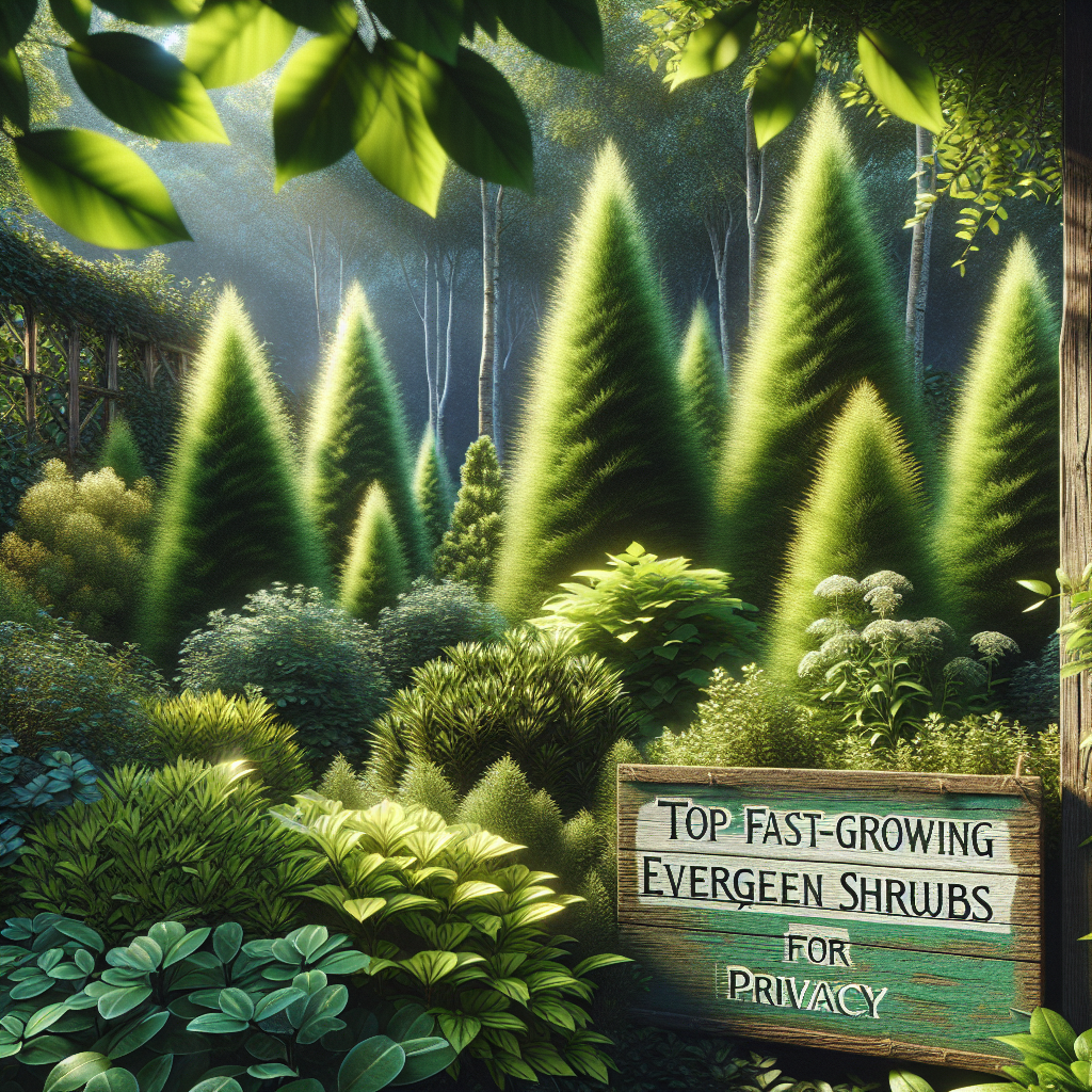 A creative and imaginative artistic rendering depicting Top Fast-Growing Evergreen Shrubs for Privacy