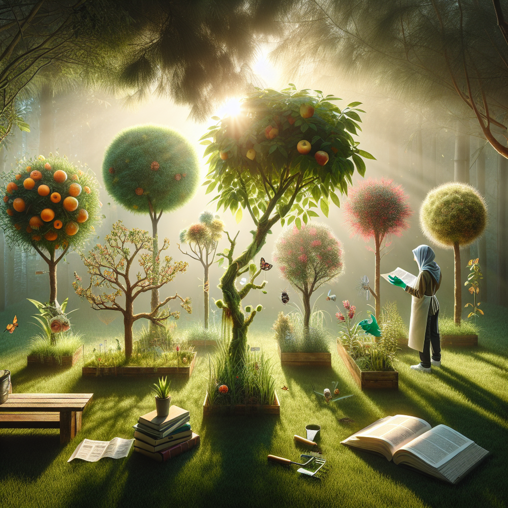 A creative and imaginative artistic rendering depicting How to Care for Sick Trees in Your Garden