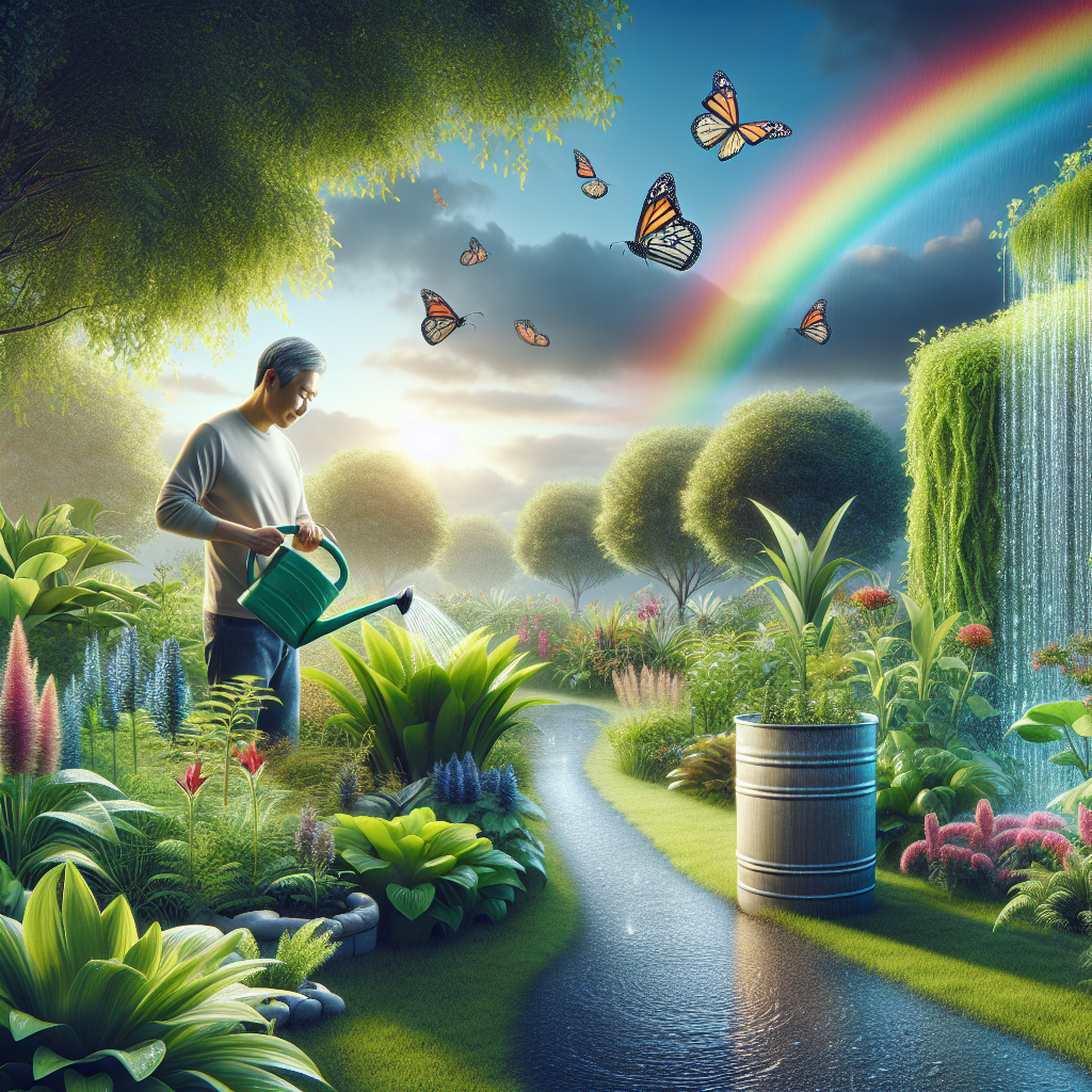 A creative and imaginative artistic rendering depicting Efficient Watering Techniques for Your Garden