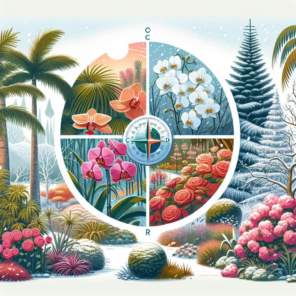 A creative and imaginative artistic rendering depicting Choosing the Right Outdoor Plants for Your Climate