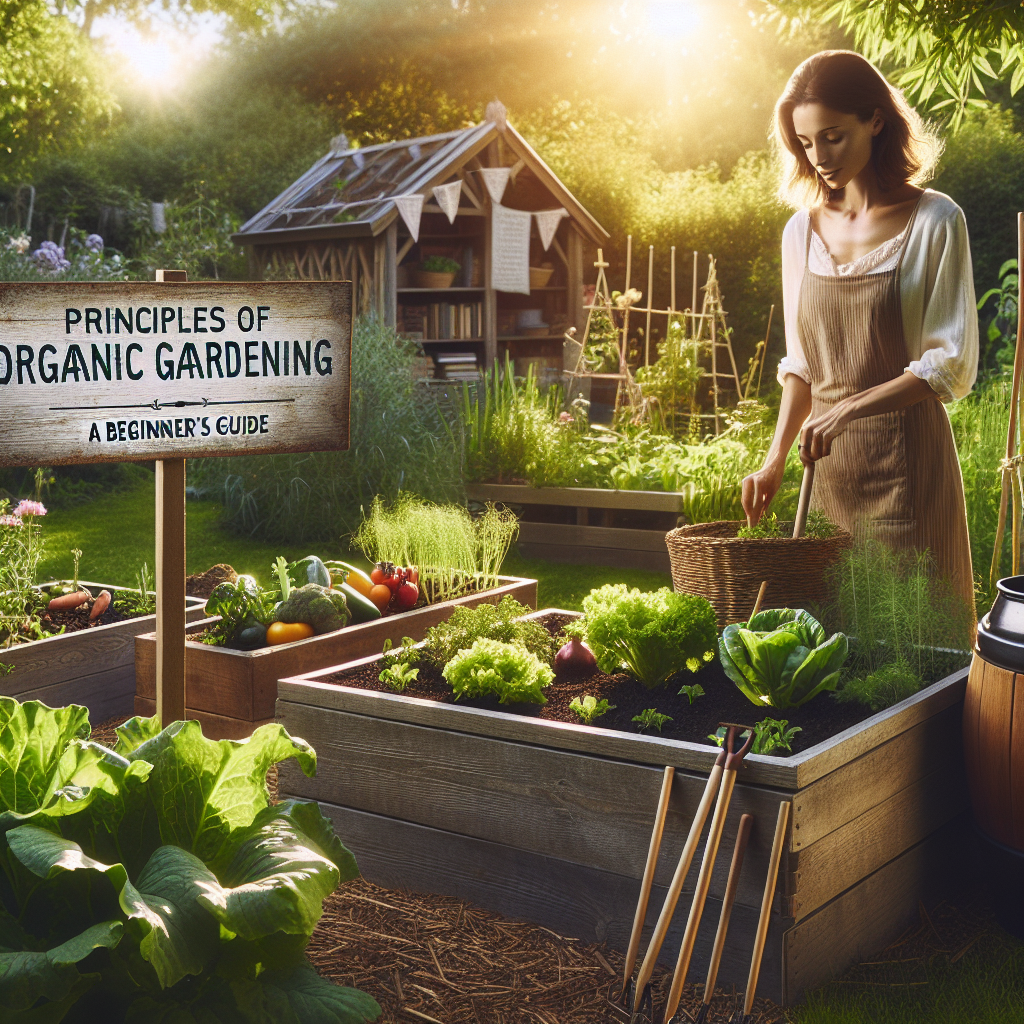 A creative and imaginative artistic rendering depicting Principles of Organic Gardening: A Beginner's Guide