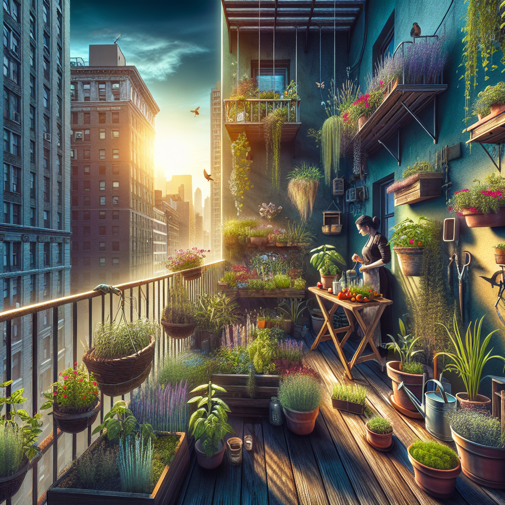 A creative and imaginative artistic rendering depicting The Basics of Balcony Gardening: Maximizing Small Spaces