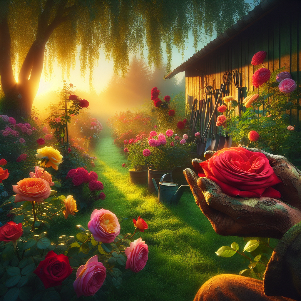 A creative and imaginative artistic rendering depicting Growing Roses: Tips for Beautiful Blooms