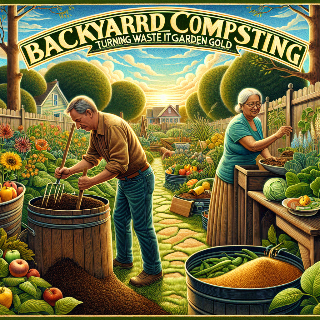 A creative and imaginative artistic rendering depicting Backyard Composting: Turning Waste into Garden Gold