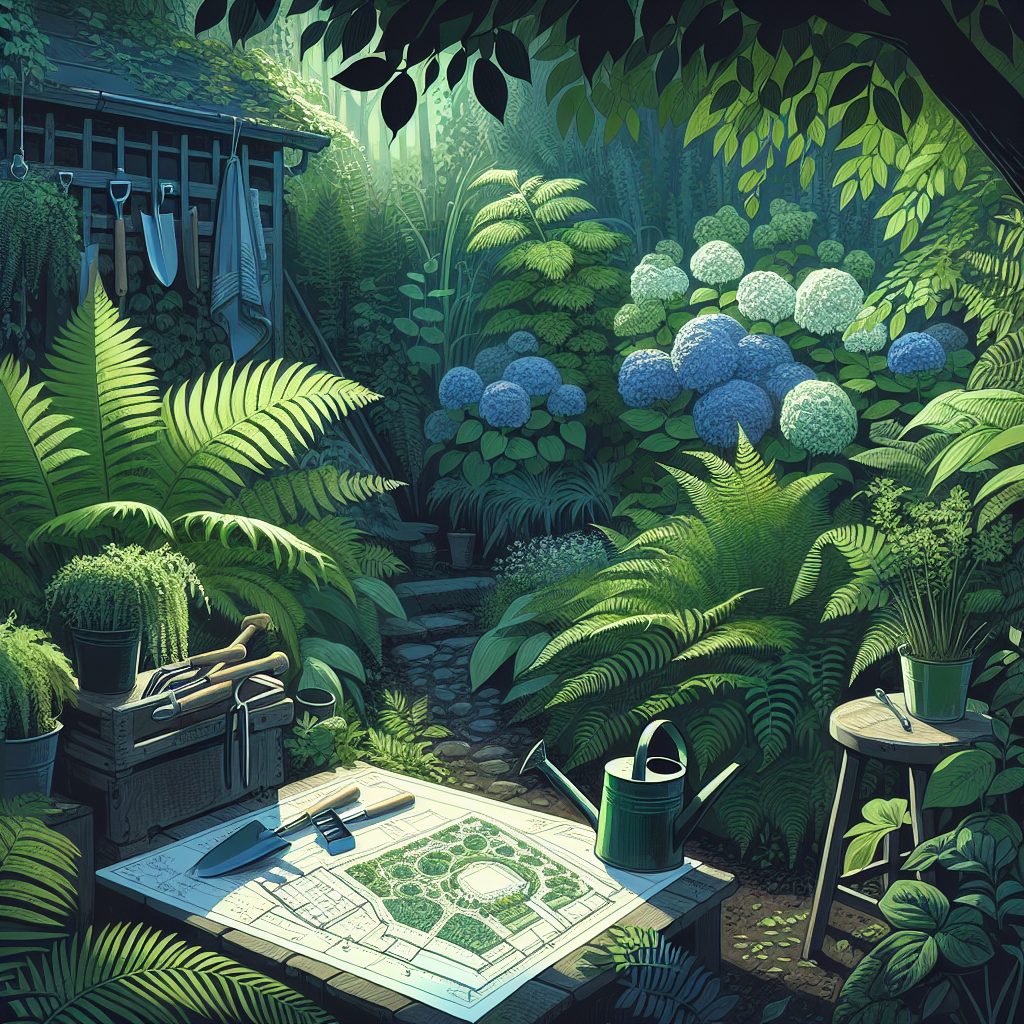 A creative and imaginative artistic rendering depicting Planning a Garden in Shady Areas