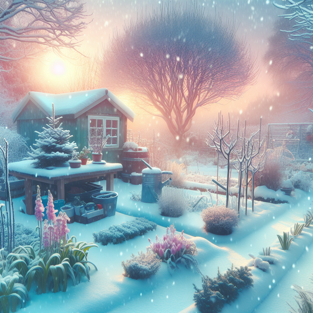 A creative and imaginative artistic rendering depicting Winter Garden Care: Keeping Your Garden Healthy in Cold Weather