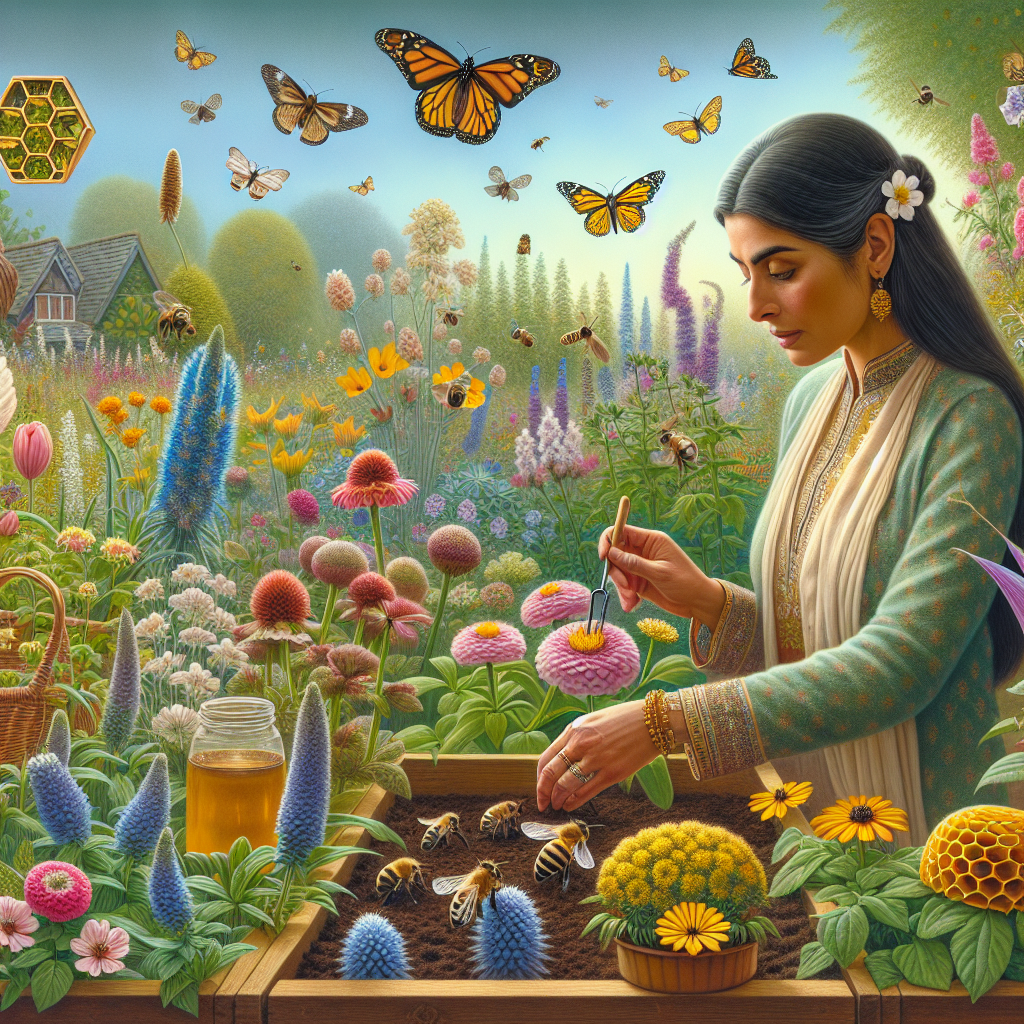 A creative and imaginative artistic rendering depicting Planting for Pollinators: How to Attract Bees and Butterflies