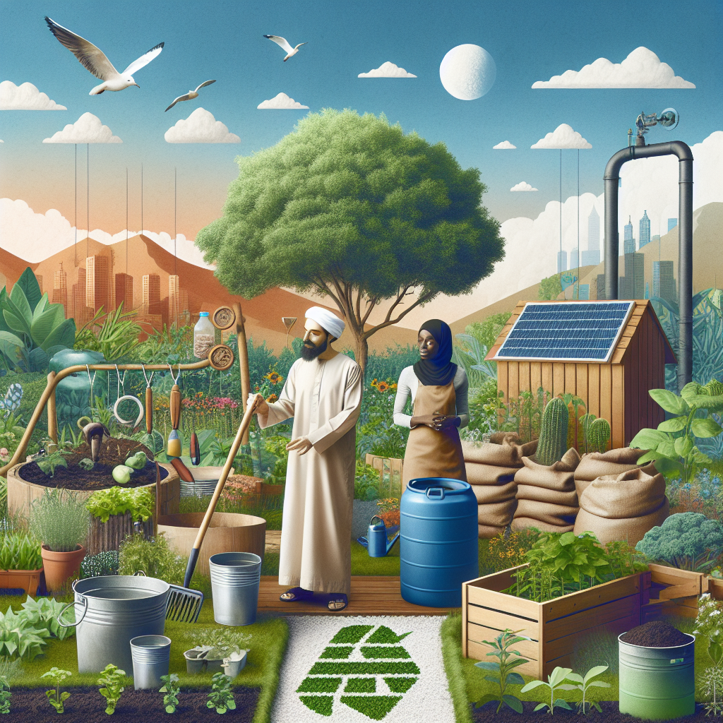 A creative and imaginative artistic rendering depicting Sustainable Gardening: Eco-Friendly Practices for Your Garden