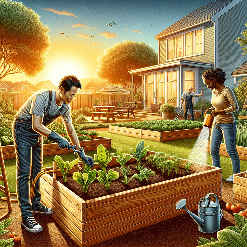 A creative and imaginative artistic rendering depicting How to Build and Maintain Raised Garden Beds